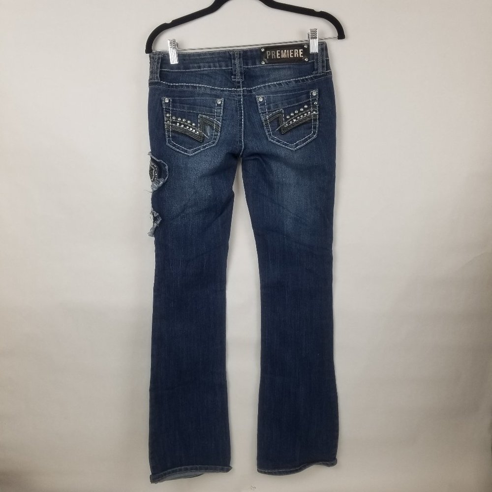 PREMIER by RUE21 Jeans Size 1/2 Slim Boot Cut Cross on Right Leg - Picture 2 of 9